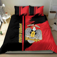 Black and red duvet set with vertical South Sudan text and eagle crest, two pillows