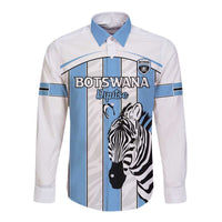 White long-sleeve button shirt with blue stripes and zebra graphic, front print