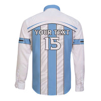 White long-sleeve button shirt back print with blue stripes, 'YOUR TEXT 15'