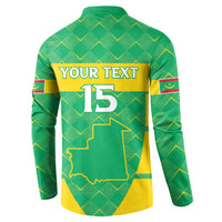 Green button-up sweatshirt back with 'YOUR TEXT' and large '15' over Mauritania map graphic