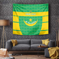 Green and yellow custom beach soccer tapestry with central crest and “YOUR TEXT” banner