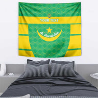 Green and yellow wall tapestry for beach soccer, centered crest with “YOUR TEXT”