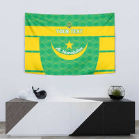 Green and yellow custom beach soccer tapestry with crest emblem and “YOUR TEXT”