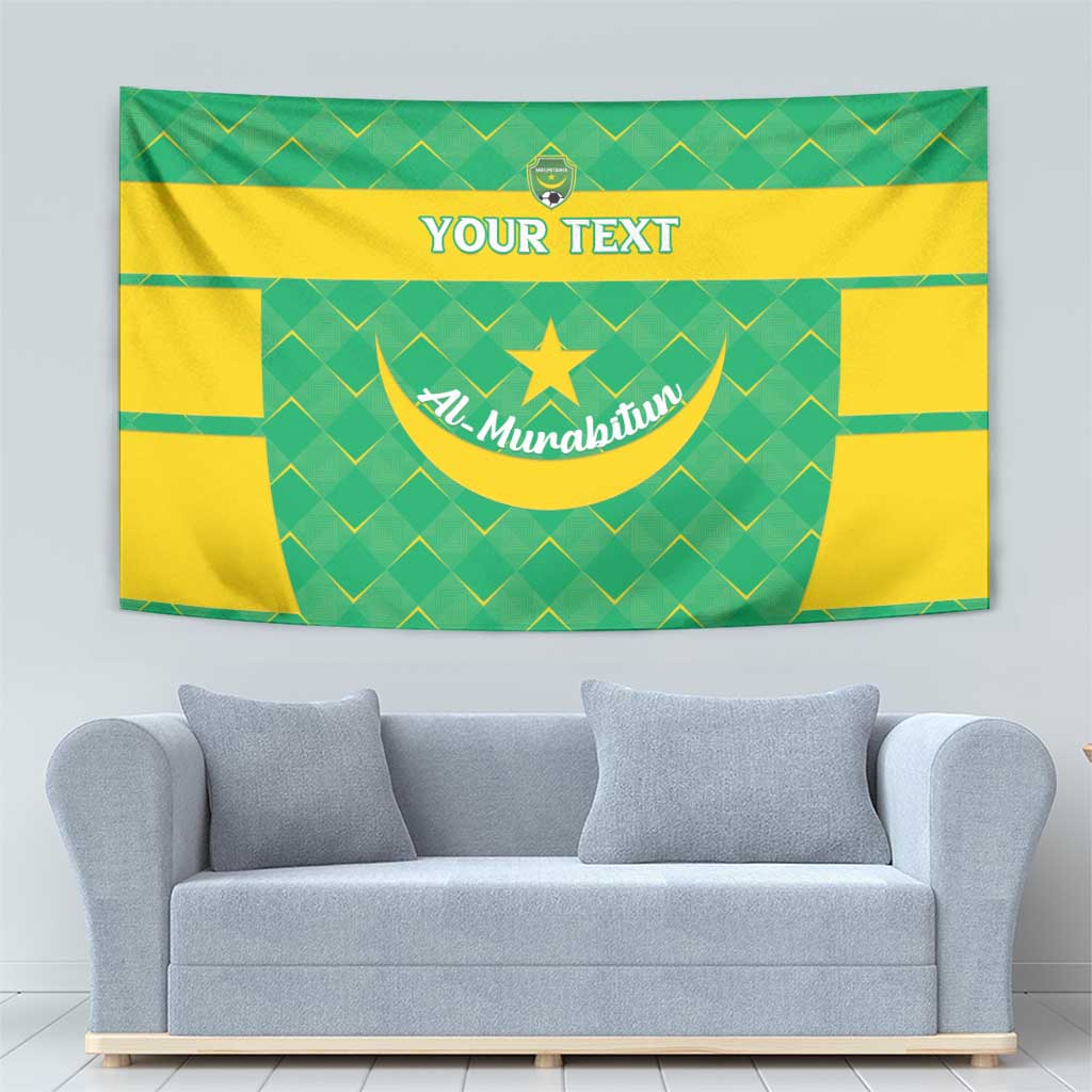 Green and yellow tapestry featuring central crest emblem and “YOUR TEXT” lettering