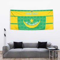 Green and yellow beach soccer tapestry with centered logo and “YOUR TEXT” strip