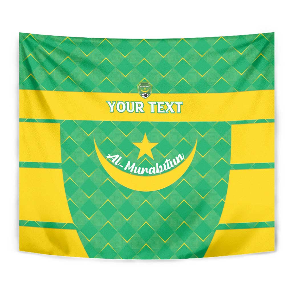 Green and yellow custom tapestry with crest emblem, “YOUR TEXT” and diamond pattern