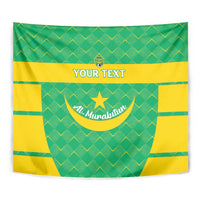 Green and yellow custom tapestry with crest emblem, “YOUR TEXT” and diamond pattern