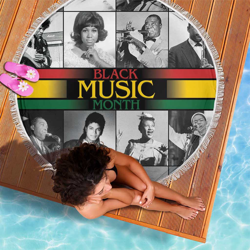 Round Black Music Month beach blanket with fringed border and portrait collage