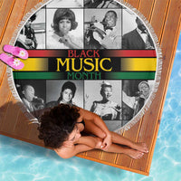 Round Black Music Month beach blanket with fringed border and portrait collage