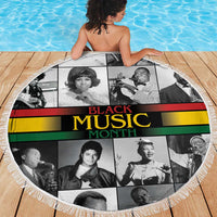 Black Music Month beach blanket, round with fringed edge and black-and-white portraits