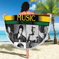 Round Black Music Month beach blanket with fringed border and bold “MUSIC MONTH” graphic