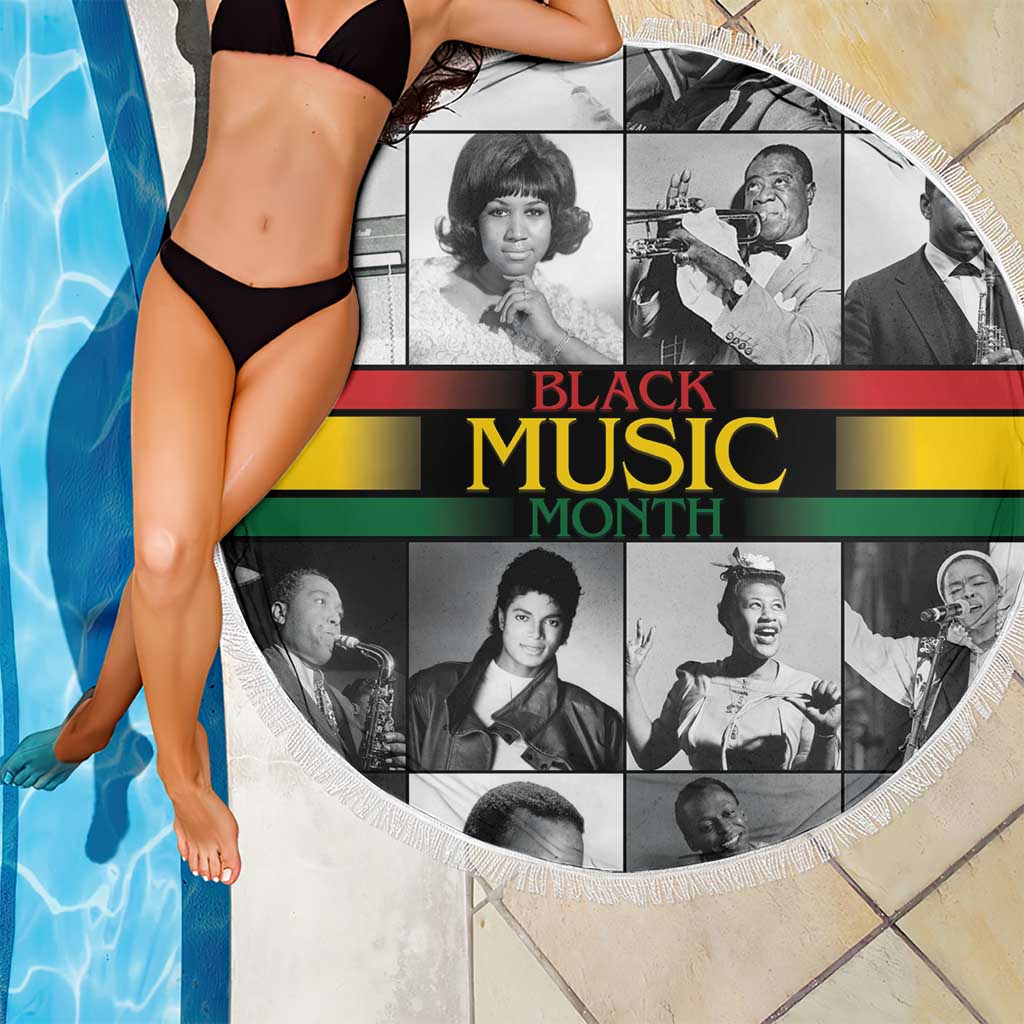 Black Music Month beach blanket with fringed round edge and photo portrait panel