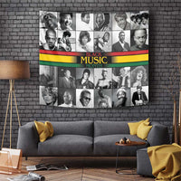 Portrait collage tapestry with “Black Music Month” text and red, green, yellow stripes