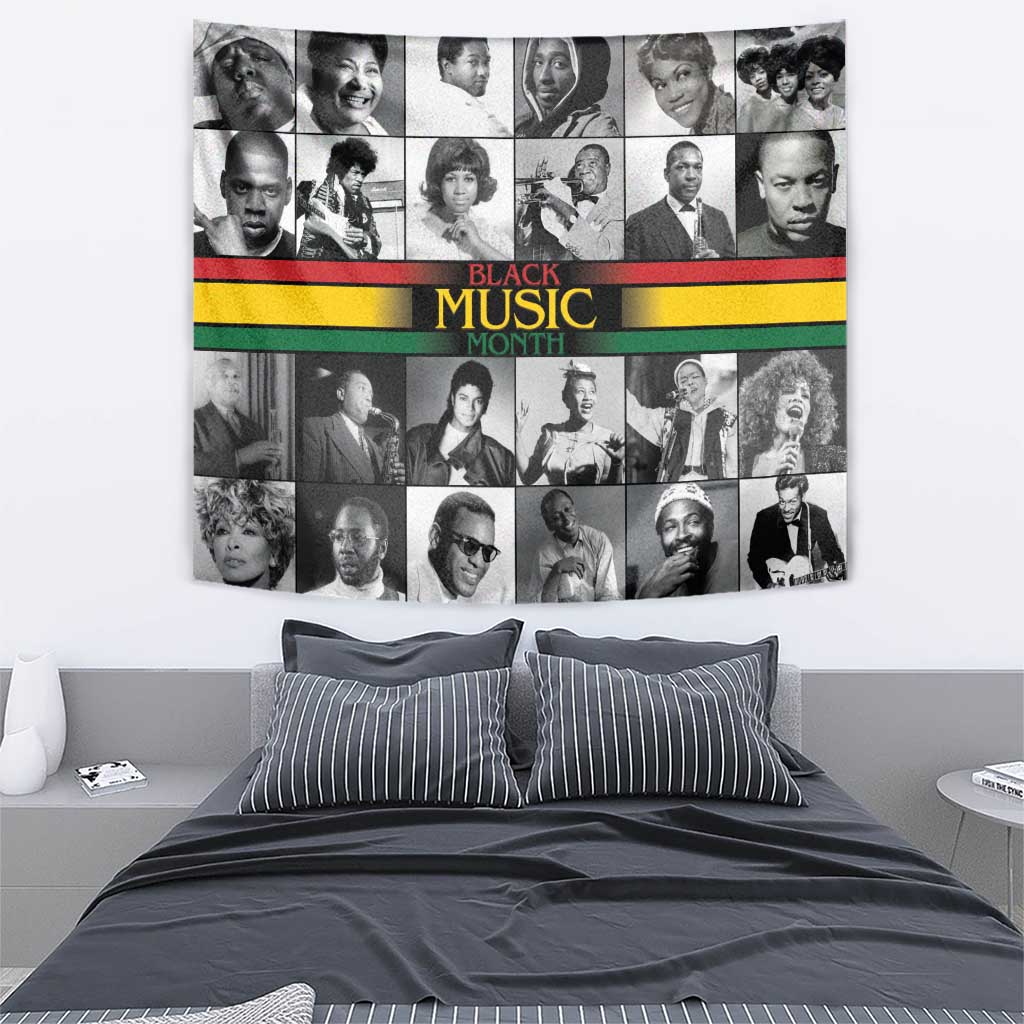 Rectangular portrait collage wall tapestry with “Black Music Month” and colored stripes