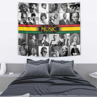 Rectangular portrait collage wall tapestry with “Black Music Month” and colored stripes