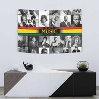 Portrait collage tapestry with “Black Music Month” banner and multicolor stripe band