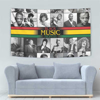 Portrait collage tapestry with “Black Music Month” text and red, green, yellow stripe band