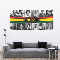 Portrait collage tapestry with “Black Music Month” typography and multicolor stripe band