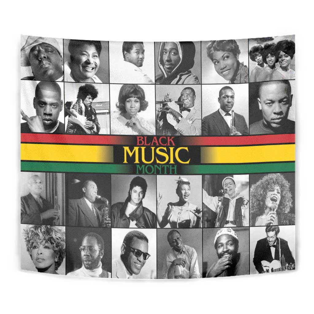 Rectangular portrait collage tapestry with “Black Music Month” text and multicolor stripes