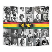 Rectangular portrait collage tapestry with “Black Music Month” text and multicolor stripes