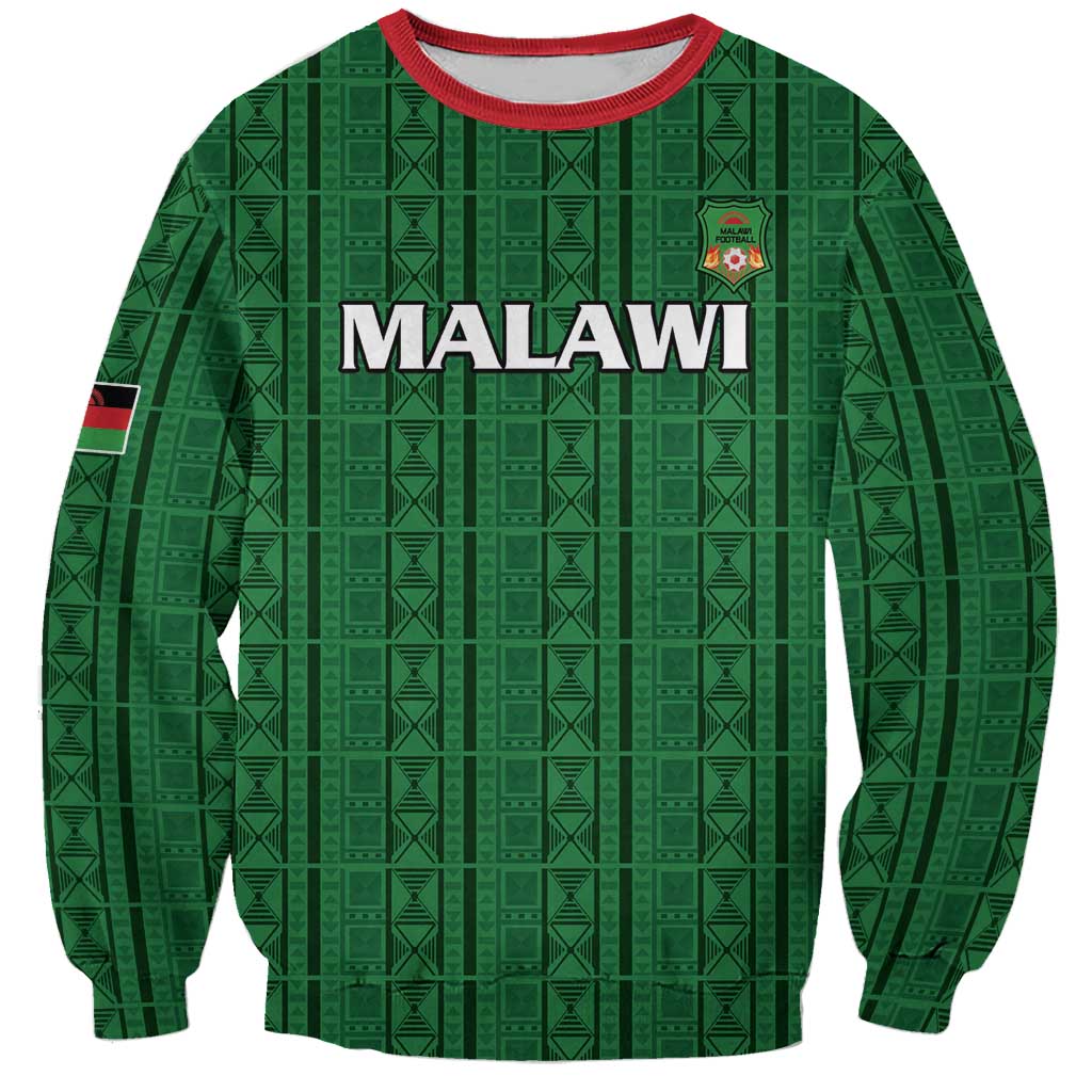 Green crewneck sweatshirt with geometric pattern, MALAWI logo patch, red collar cuffs