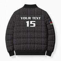 Black puffer bomber jacket with zip back, 'YOUR TEXT 15' print, crest and flag patch