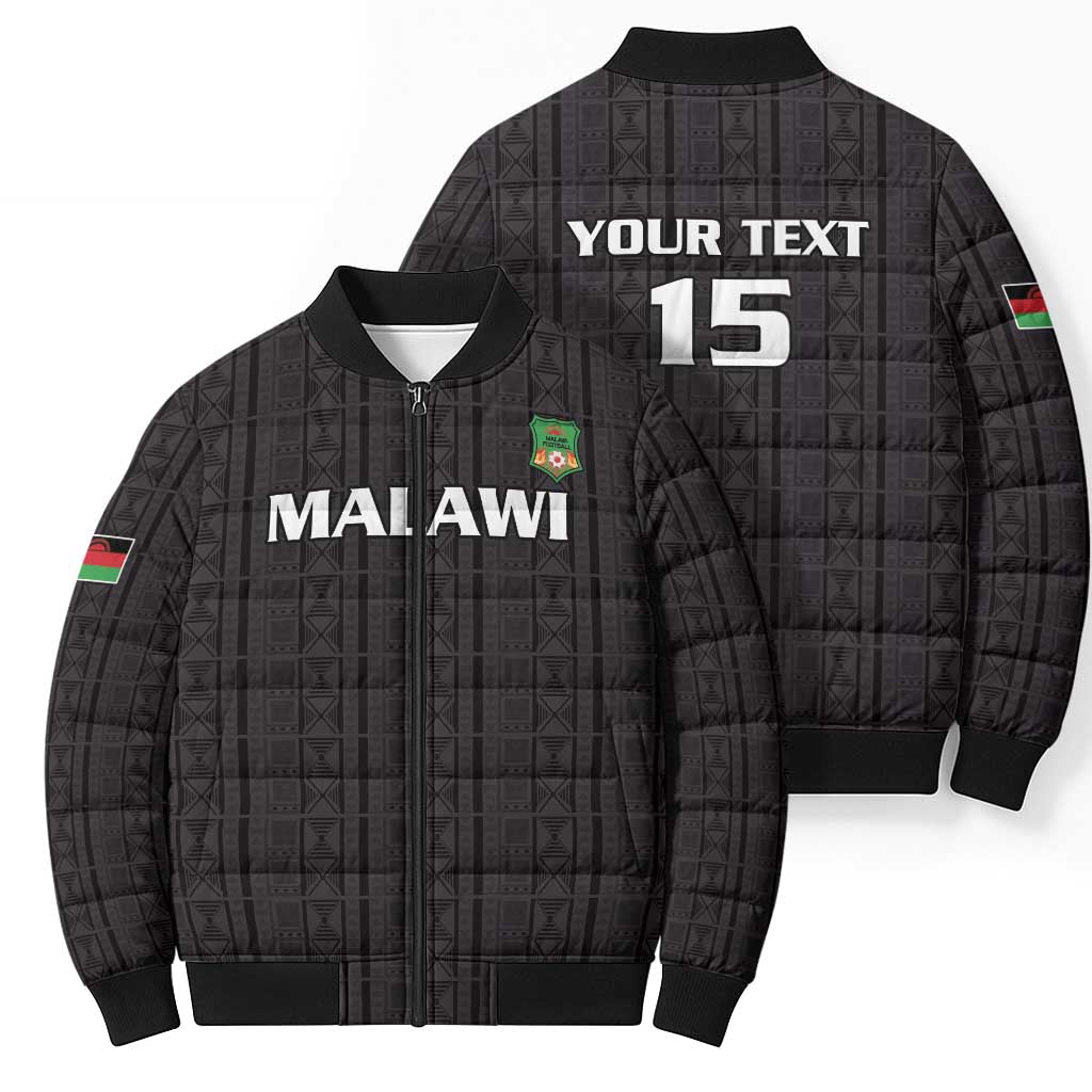 Black puffer bomber jacket with zip front, MALAWI text, 'YOUR TEXT 15' back print, crest patch