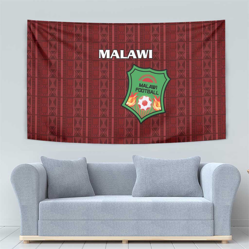 Red Malawi football tapestry featuring MALAWI text and green crest emblem