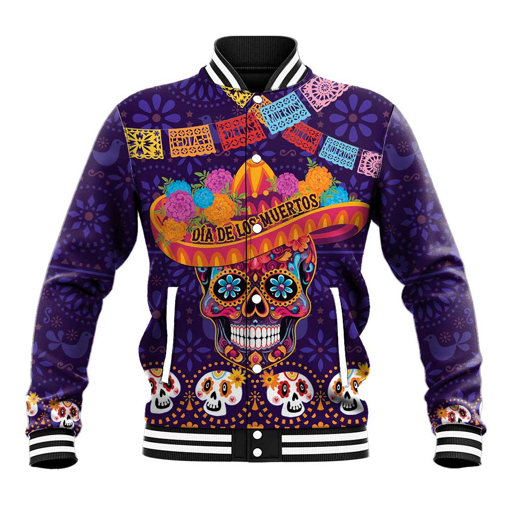 Purple Day of the Dead baseball jacket with sugar skull and maracas graphic