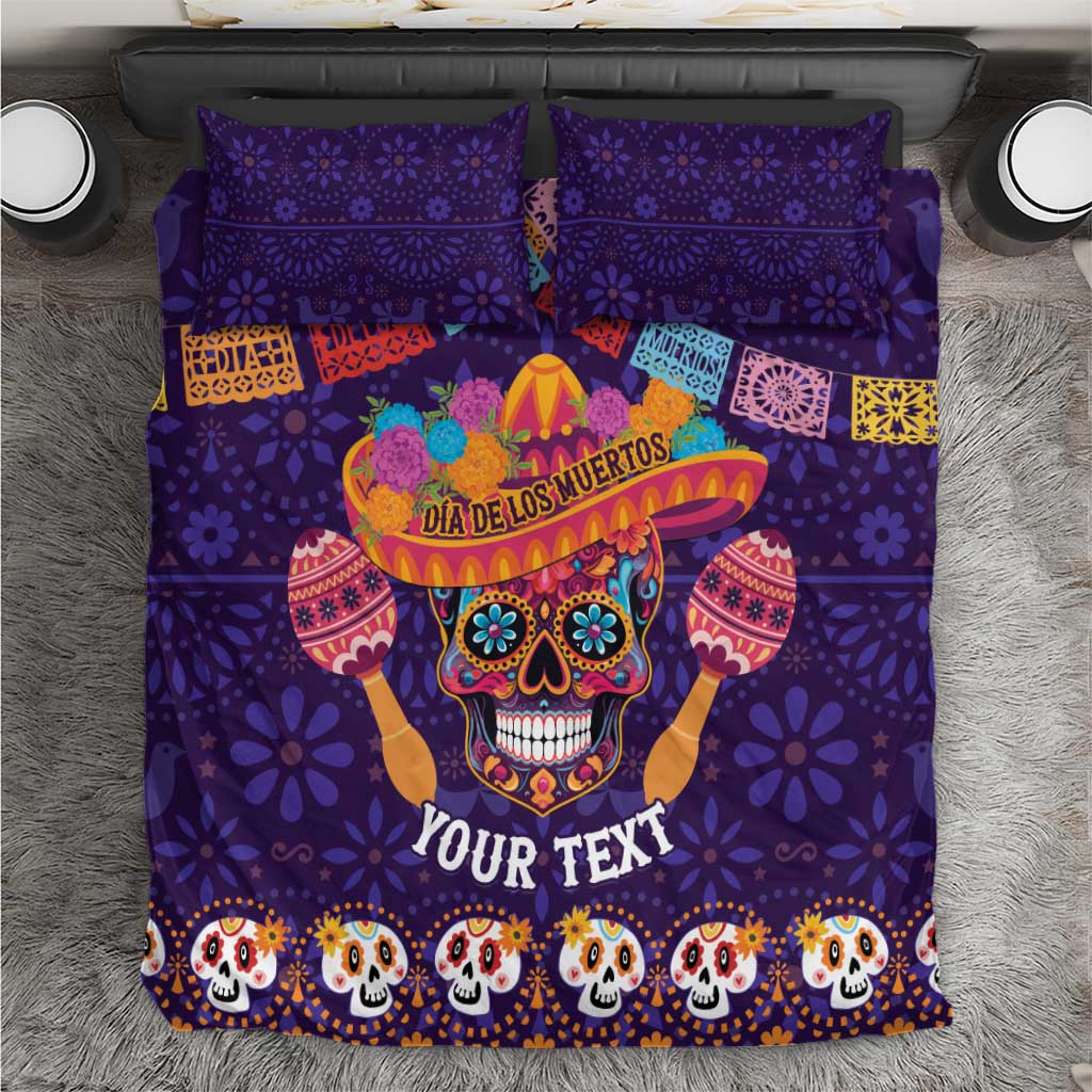 Purple duvet cover featuring sugar skull artwork with colorful Day of the Dead icons