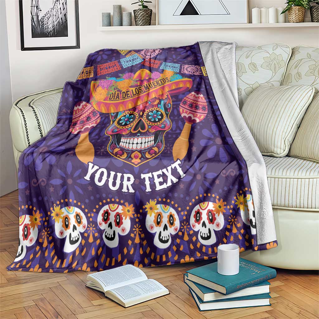 Purple personalized Day of the Dead blanket with sugar skull graphic and YOUR TEXT