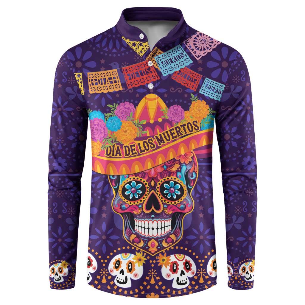 Purple button sweatshirt with sugar skull and maraca Day of the Dead print