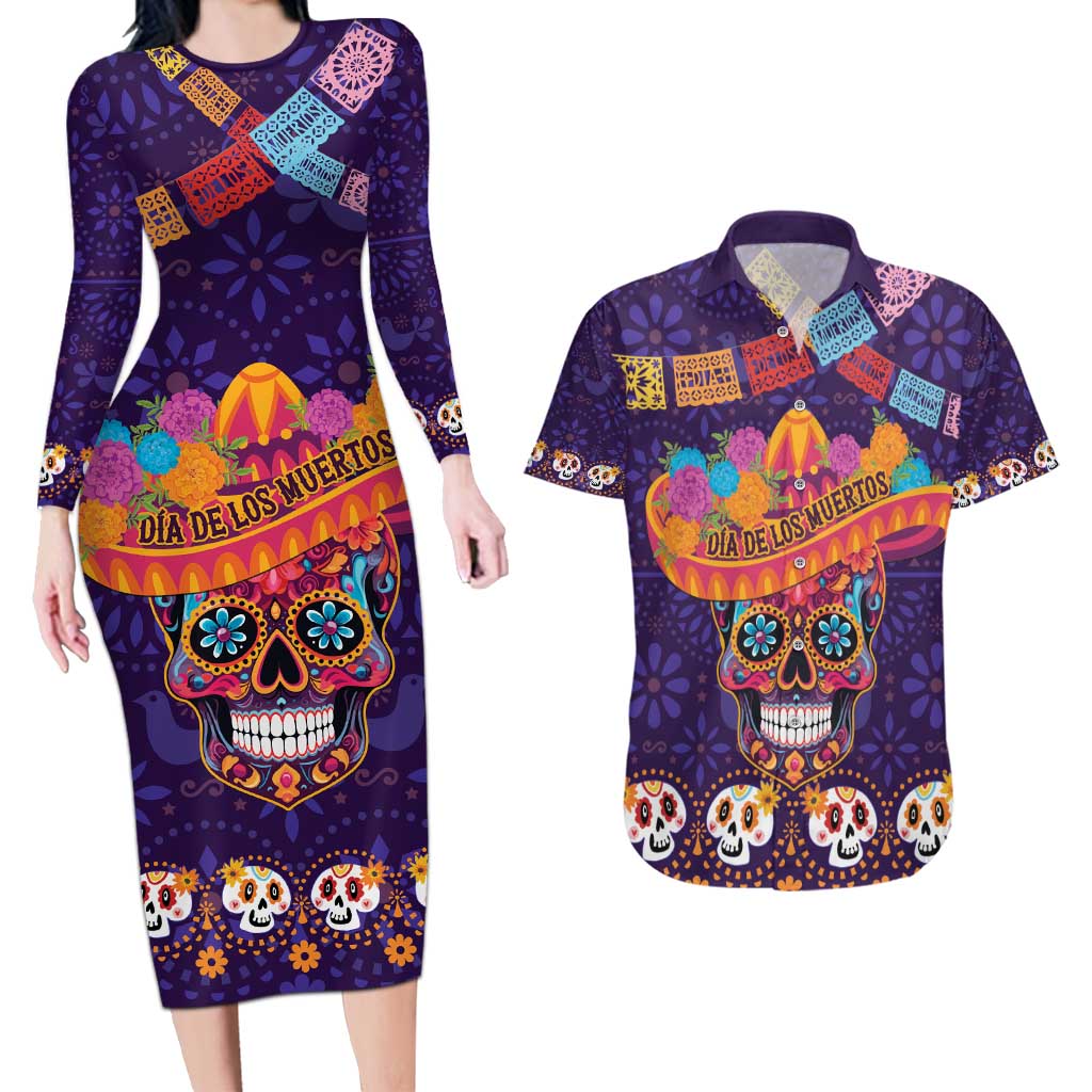 Personalised Mexico Day Of The Dead Couples Matching Long Sleeve Bodycon Dress and Hawaiian Shirt Sugar Skull With Maracas Mexican Folk Pattern - Wonder Print Shop