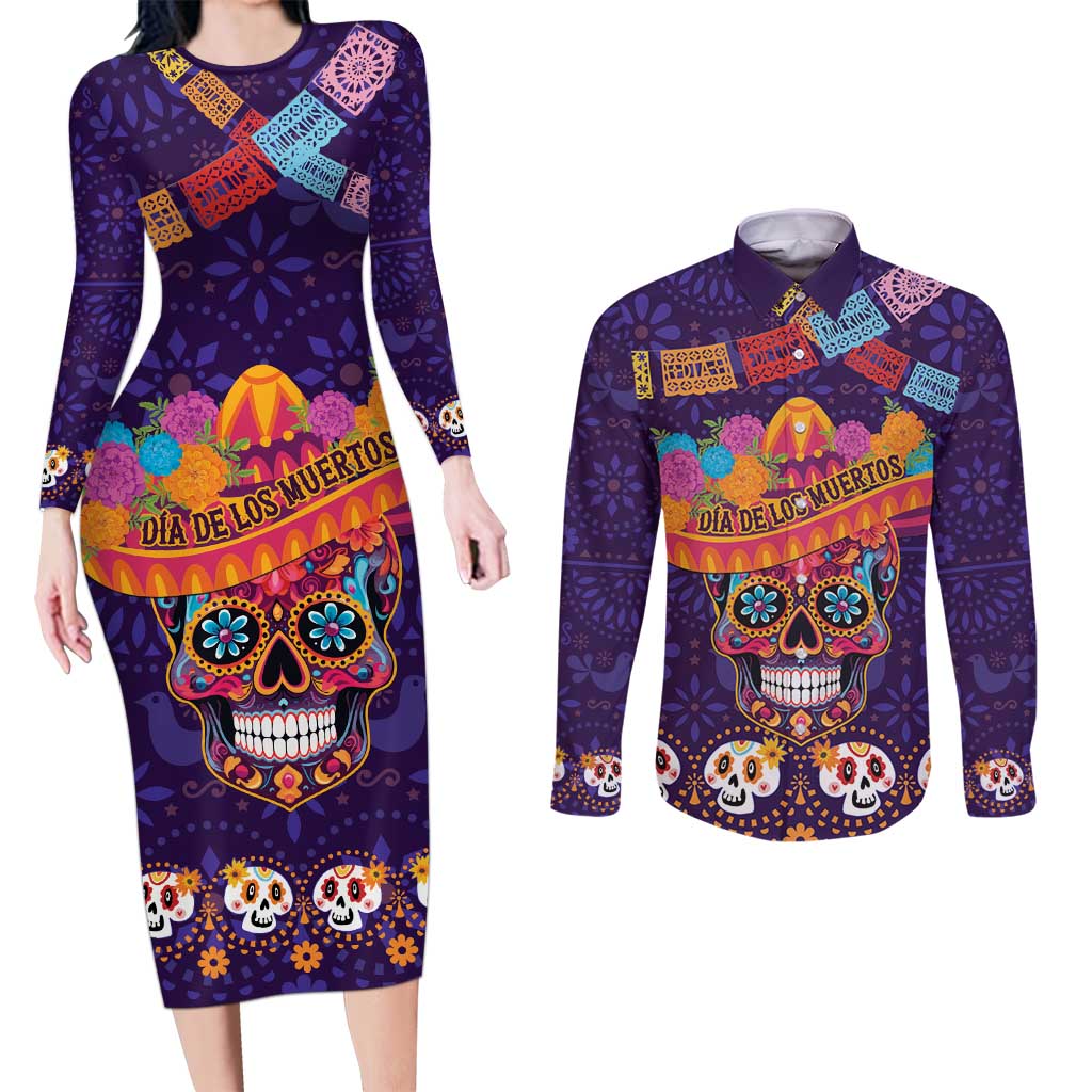 Personalised Mexico Day Of The Dead Couples Matching Long Sleeve Bodycon Dress and Long Sleeve Button Shirt Sugar Skull With Maracas Mexican Folk Pattern - Wonder Print Shop