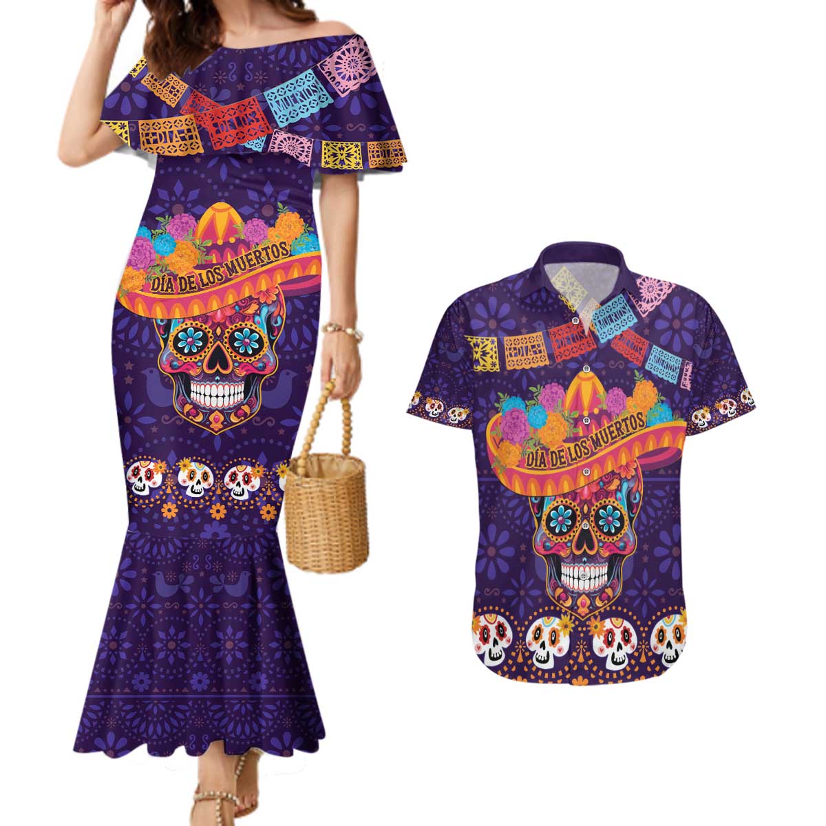 Personalised Mexico Day Of The Dead Couples Matching Mermaid Dress and Hawaiian Shirt Sugar Skull With Maracas Mexican Folk Pattern - Wonder Print Shop