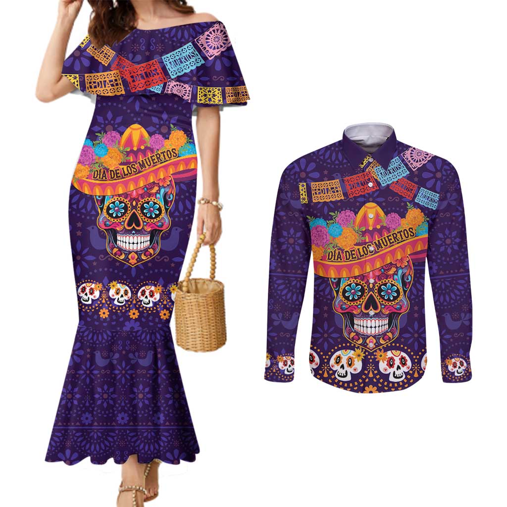 Personalised Mexico Day Of The Dead Couples Matching Mermaid Dress and Long Sleeve Button Shirt Sugar Skull With Maracas Mexican Folk Pattern LT15