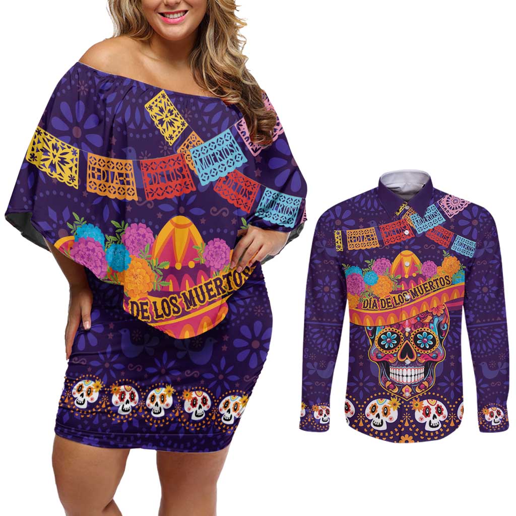 Personalised Mexico Day Of The Dead Couples Matching Off Shoulder Short Dress and Long Sleeve Button Shirt Sugar Skull With Maracas Mexican Folk Pattern - Wonder Print Shop