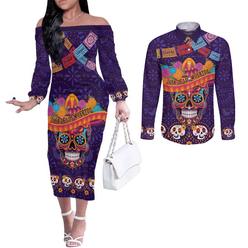 Personalised Mexico Day Of The Dead Couples Matching Off The Shoulder Long Sleeve Dress and Long Sleeve Button Shirt Sugar Skull With Maracas Mexican Folk Pattern LT15