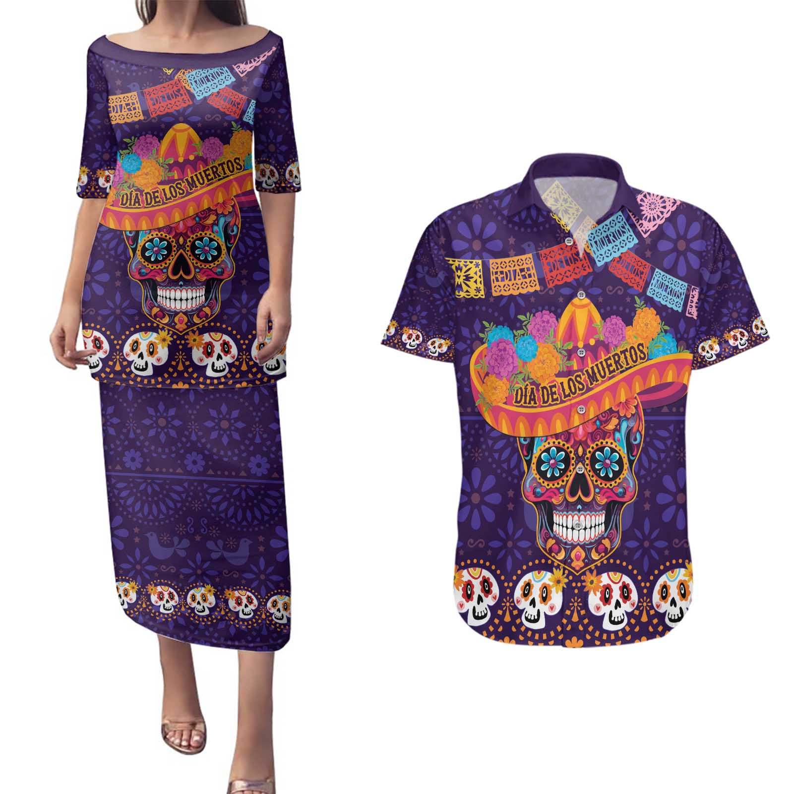 Personalised Mexico Day Of The Dead Couples Matching Puletasi and Hawaiian Shirt Sugar Skull With Maracas Mexican Folk Pattern - Wonder Print Shop