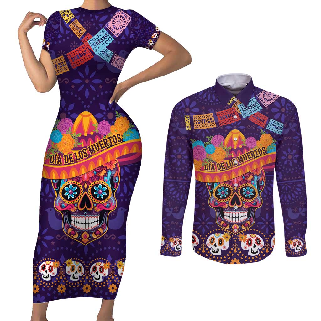 Personalised Mexico Day Of The Dead Couples Matching Short Sleeve Bodycon Dress and Long Sleeve Button Shirt Sugar Skull With Maracas Mexican Folk Pattern - Wonder Print Shop