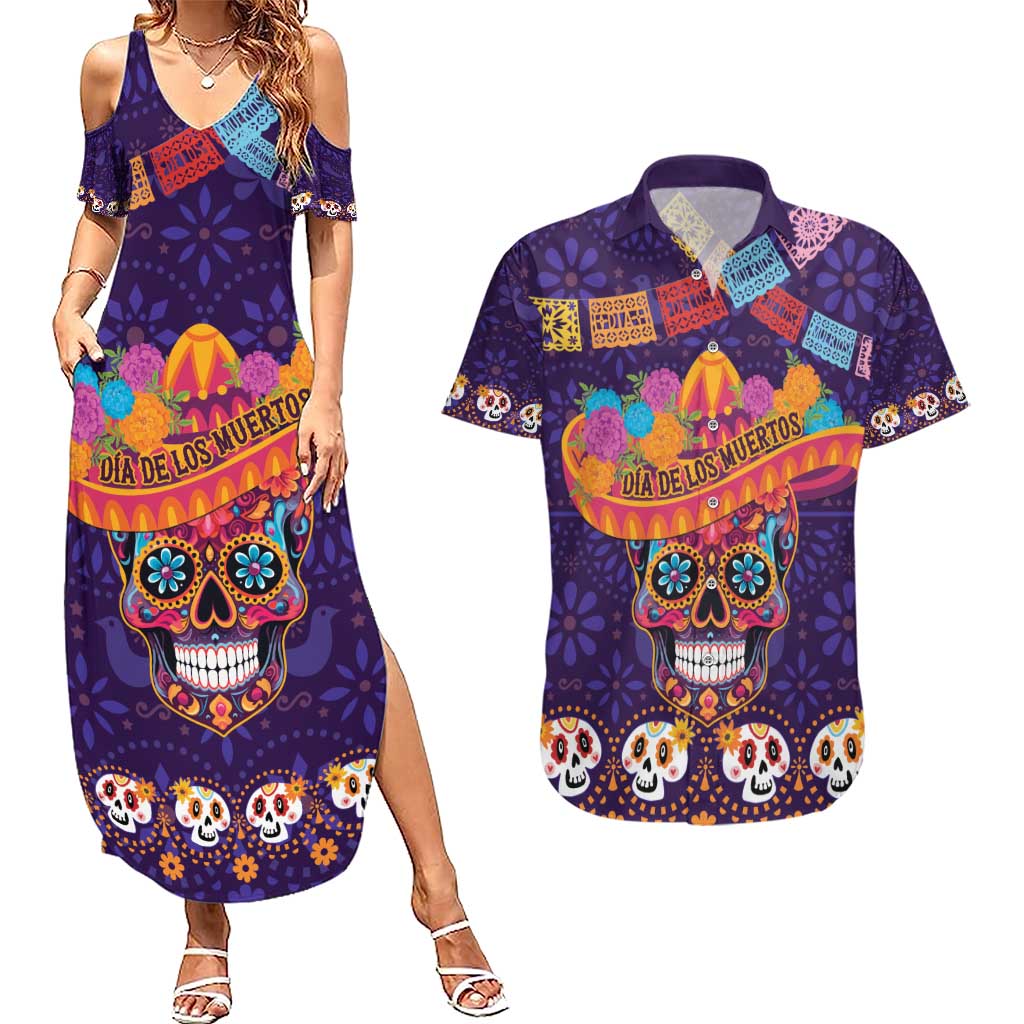 Personalised Mexico Day Of The Dead Couples Matching Summer Maxi Dress and Hawaiian Shirt Sugar Skull With Maracas Mexican Folk Pattern - Wonder Print Shop