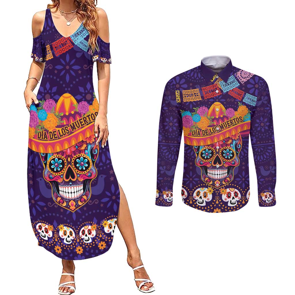 Personalised Mexico Day Of The Dead Couples Matching Summer Maxi Dress and Long Sleeve Button Shirt Sugar Skull With Maracas Mexican Folk Pattern - Wonder Print Shop