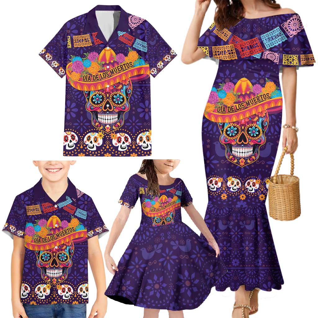 Personalised Mexico Day Of The Dead Family Matching Mermaid Dress and Hawaiian Shirt Sugar Skull With Maracas Mexican Folk Pattern - Wonder Print Shop