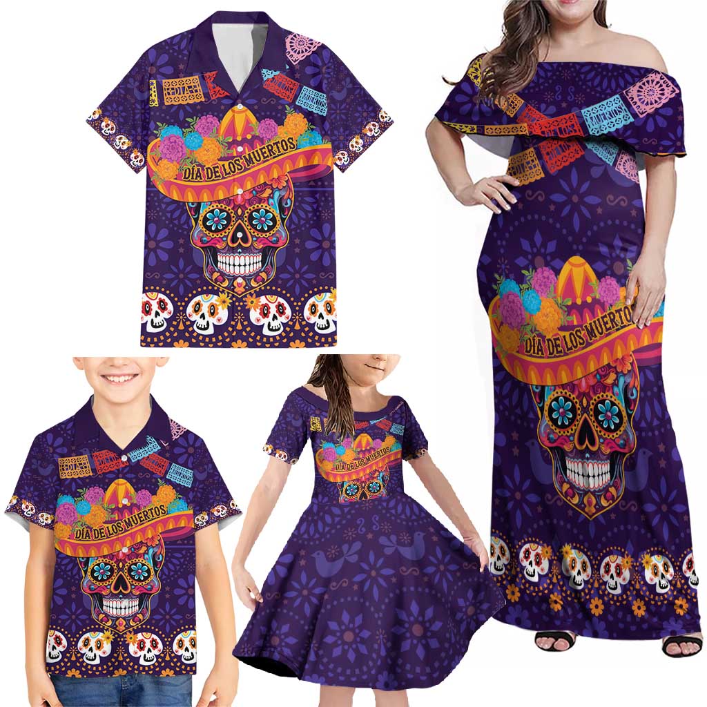 Personalised Mexico Day Of The Dead Family Matching Off Shoulder Maxi Dress and Hawaiian Shirt Sugar Skull With Maracas Mexican Folk Pattern - Wonder Print Shop