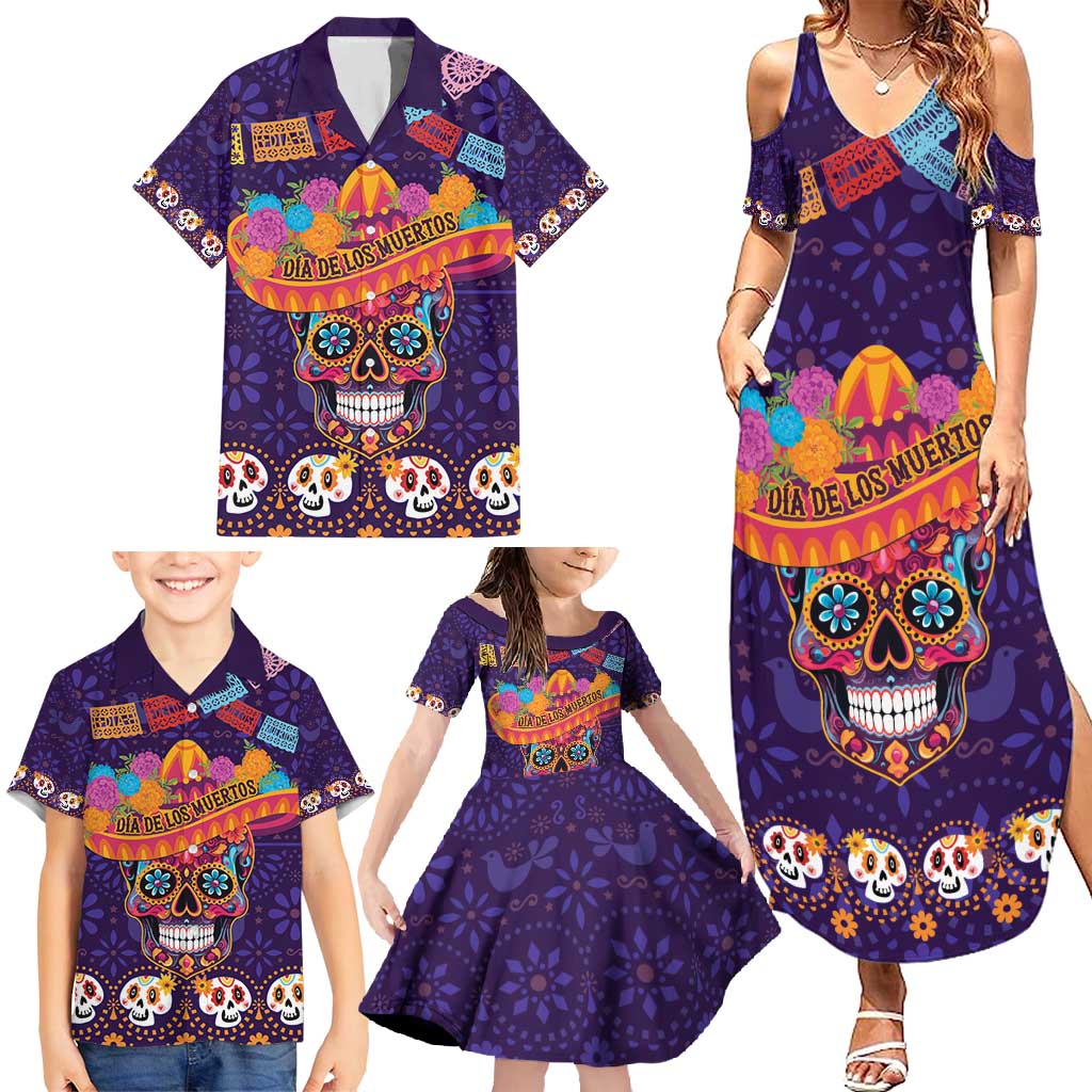 Personalised Mexico Day Of The Dead Family Matching Summer Maxi Dress and Hawaiian Shirt Sugar Skull With Maracas Mexican Folk Pattern - Wonder Print Shop