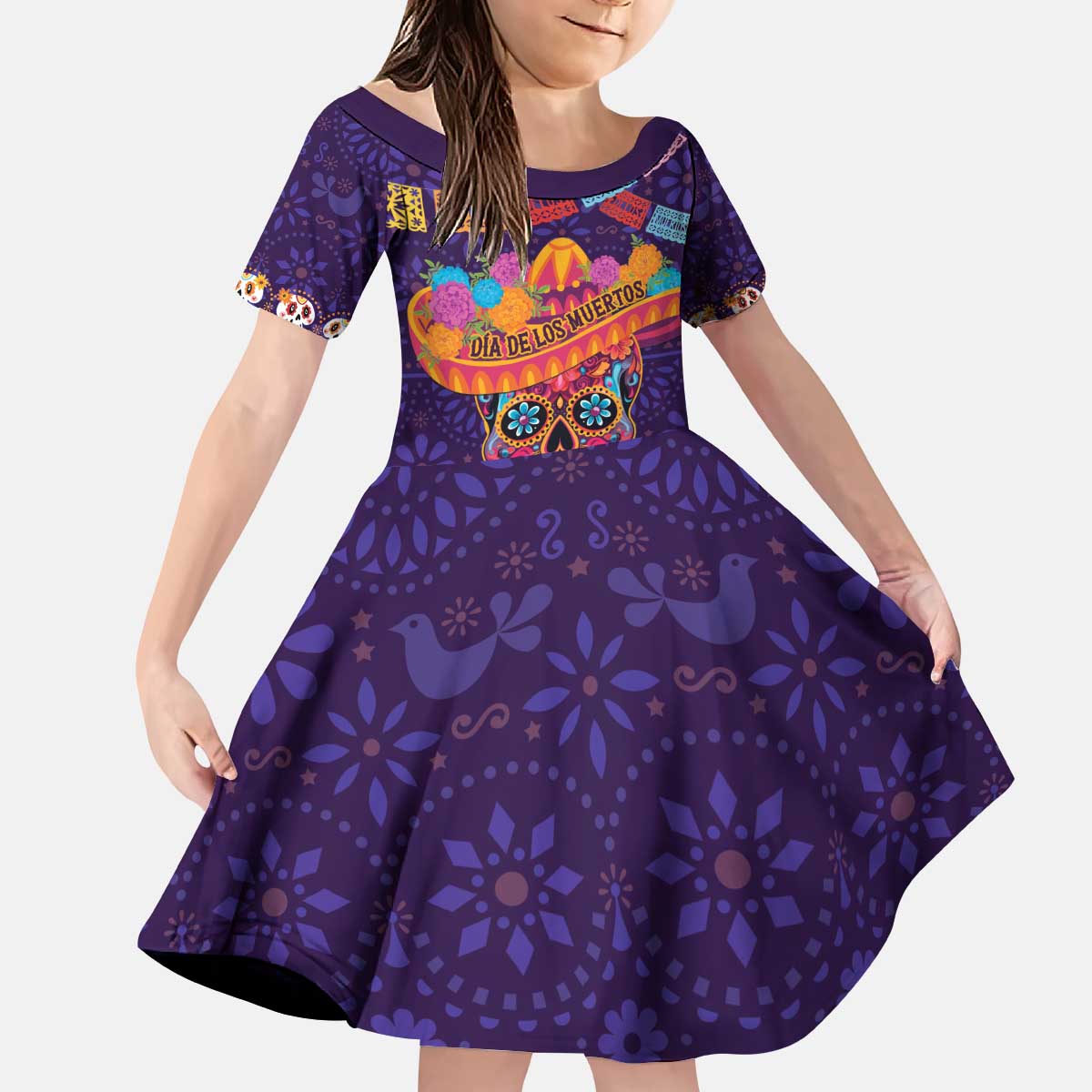 Personalised Mexico Day Of The Dead Kid Short Sleeve Dress Sugar Skull With Maracas Mexican Folk Pattern LT15