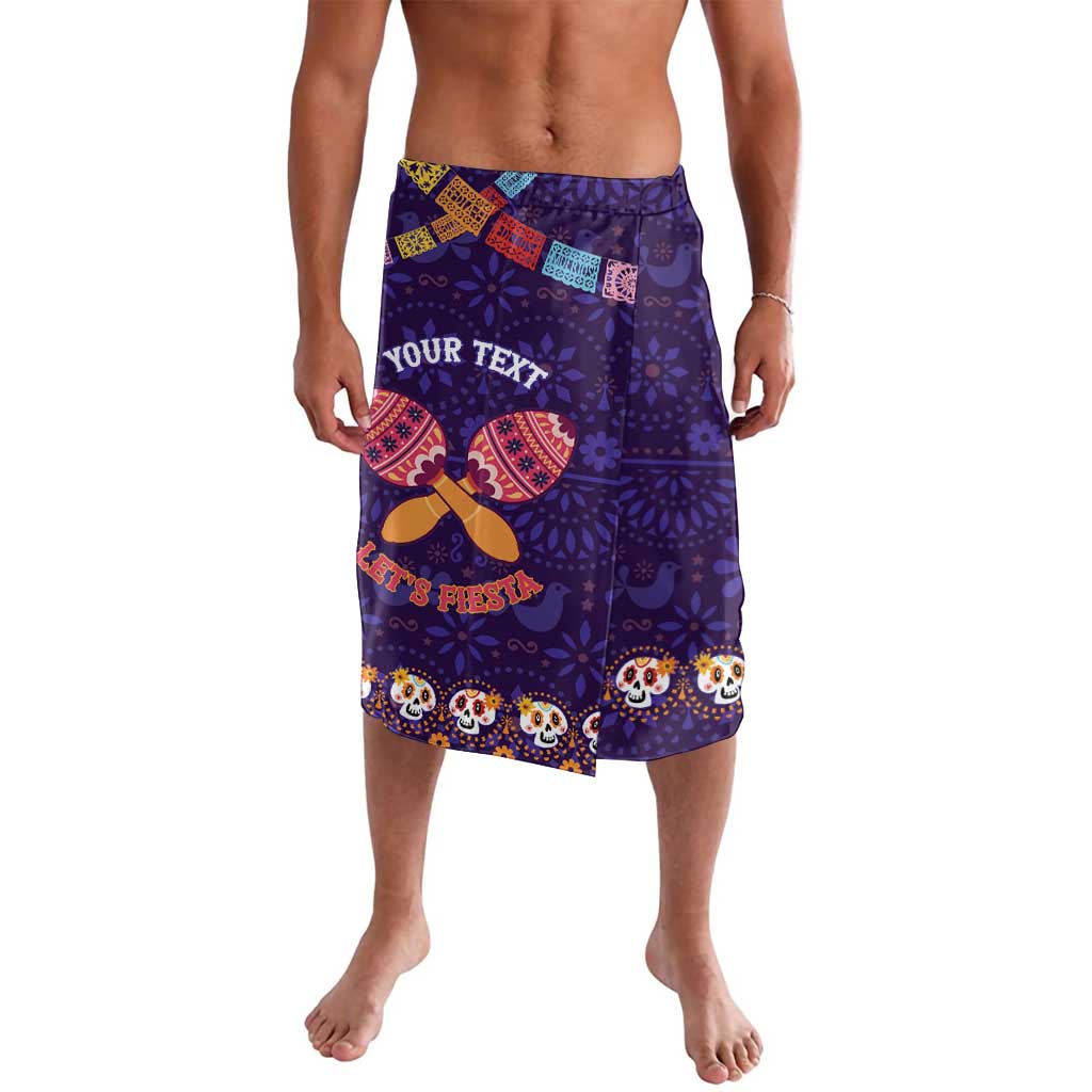 Purple lavalava wrap skirt with sugar skull folk pattern and custom text panel