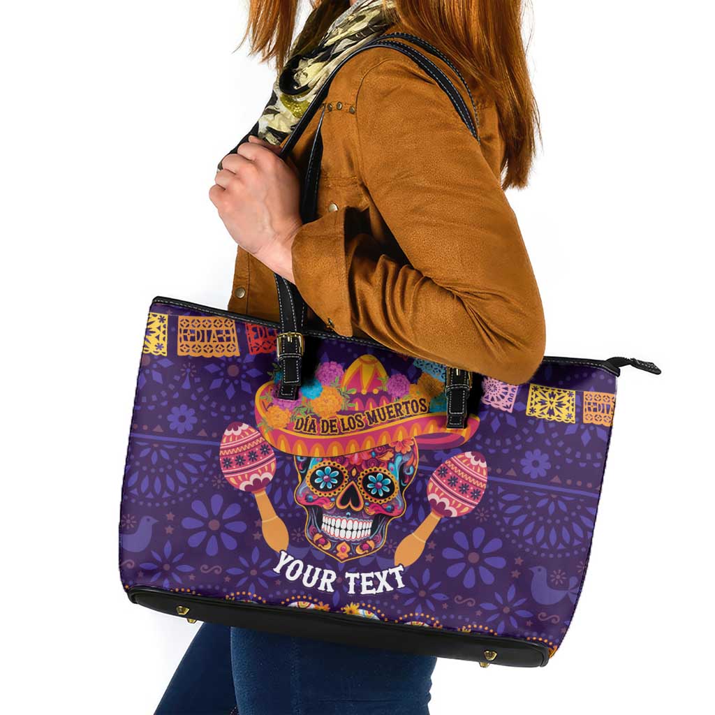 Personalised Mexico Day Of The Dead Leather Tote Bag Sugar Skull With Maracas Mexican Folk Pattern