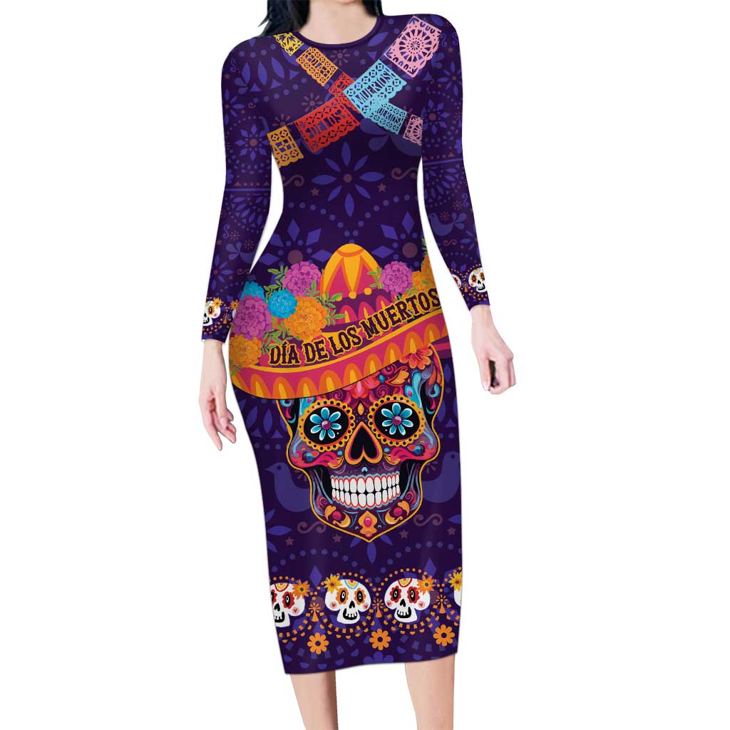 Personalised Mexico Day Of The Dead Long Sleeve Bodycon Dress Sugar Skull With Maracas Mexican Folk Pattern LT15