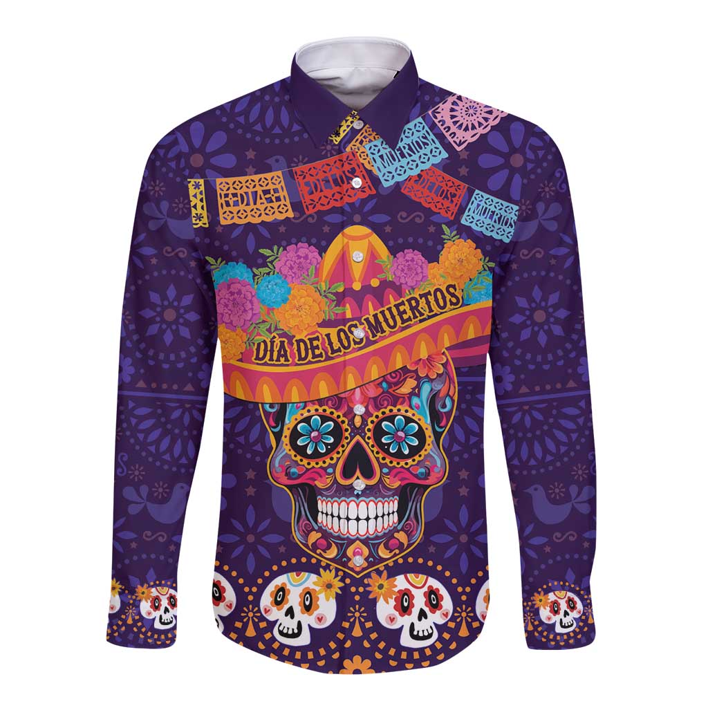 Purple long-sleeve button shirt with colorful sugar skull and maracas folk print